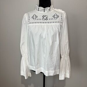 Free People White Victorian Eyelet Blouse – High Neck – Bell Sleeves – Size S/P